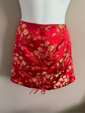 Emory Park Red Satin Brocade Lace Up Corset Mini Skirt M
